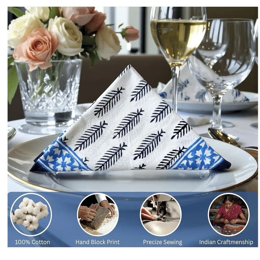 Indian Decor  Hand Block Cloth Napkins Set Of‎ 6 -Elega Cotton Blue 20x20 